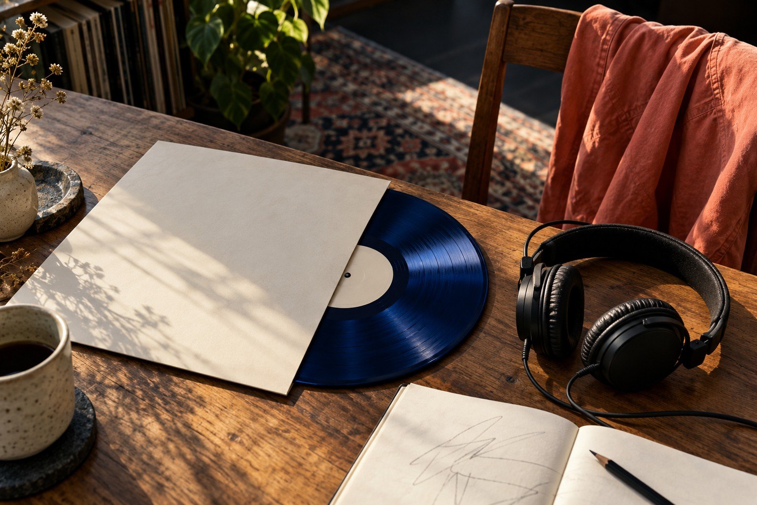 Mesa de escucha con un disco, auriculares y una libreta